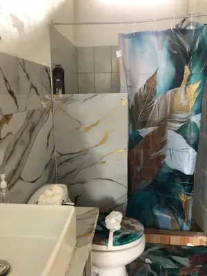 a bathroom with a toilet and a shower curtain at Casa Aguacte in Quepos