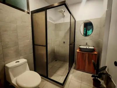 a bathroom with a shower and a toilet and a sink at Mystic Solarium Private Indoor Pool in Chachagua