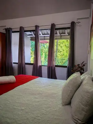 a bedroom with a large bed and a window at Mystic Solarium Private Indoor Pool in Chachagua