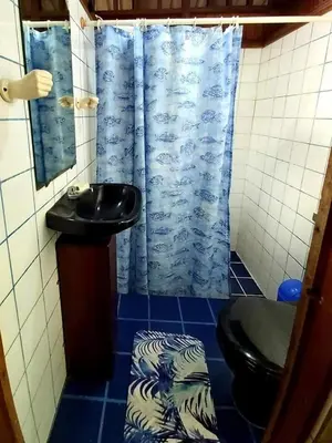 a bathroom with a black toilet and a blue shower curtain at Wooden Cabin with deck Over Creek, walk to beach in Dominicalito