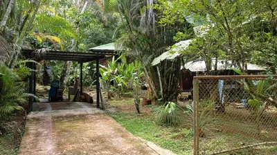 a fence in front of a house in a forest at Wooden Cabin with deck Over Creek, walk to beach in Dominicalito