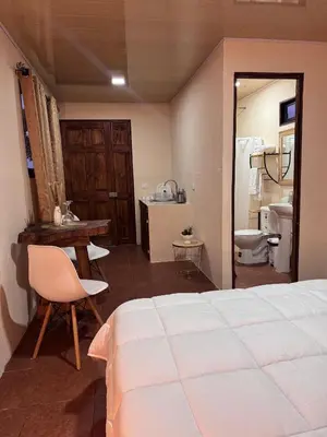 a bedroom with a bed and a sink and a toilet at Magic Lodge - Cirrí, Naranjo