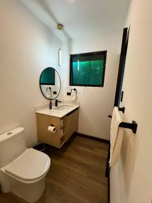 a bathroom with a toilet and a sink and a mirror at AO Buena Vista Home - Panoramic View in Concepción