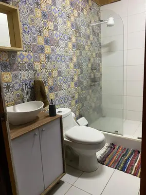 a bathroom with a toilet and a sink and a shower at Poasito Room in Fraijanes