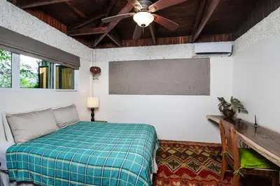a bedroom with a bed and a ceiling fan at Casa de Los Suenos in Potrero