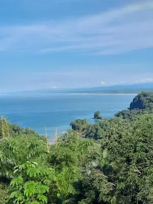 a view of the ocean from the top of a hill at Small blue house in Quepos