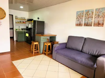 a living room with a purple couch and a kitchen at Arenal Mountain Apartments in Fortuna