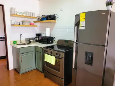 a kitchen with a refrigerator and a stove at Arenal Mountain Apartments in Fortuna