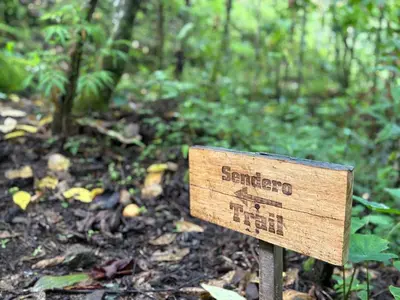 a sign on a trail in the woods at BìBO Horizon House in Monteverde Costa Rica