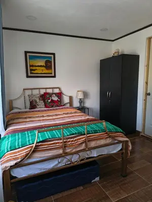 a bedroom with a bed and a black cabinet at Vilma Friendly Guesthouse - RC in San José