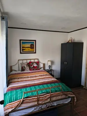 a bedroom with a bed and a black cabinet at Vilma Friendly Guesthouse - RC in San José