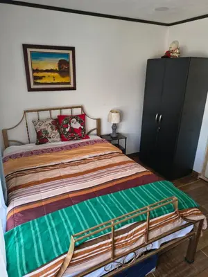 a bedroom with a large bed and a black cabinet at Vilma Friendly Guesthouse - RC in San José