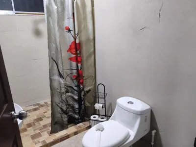 a bathroom with a toilet and a shower curtain at Nayon Vacation Home in Portegolpe