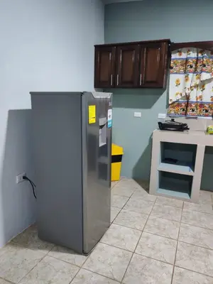 a kitchen with a stainless steel refrigerator and a counter at Nayon Vacation Home in Portegolpe
