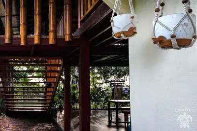 a porch of a house with two hanging baskets at Casa Shec- An Oceanfront Jungle Retreat in Drake