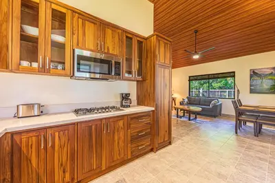 a kitchen with wooden cabinets and a living room at Villa Tortuga- 3 Minute Walk to the Beach in Savegre