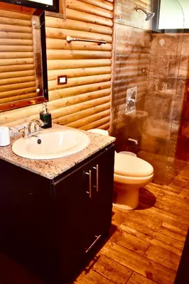 a bathroom with a sink and a toilet at Cabaña Colibrí - Parking in Sarchí