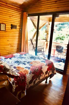 a bedroom with a bed and a view of a patio at Cabaña Colibrí - Parking in Sarchí