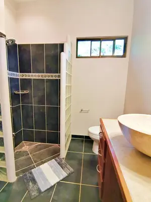 a bathroom with a shower and a sink and a toilet at Majestic View House in Dominical, Oceanview in San Luis