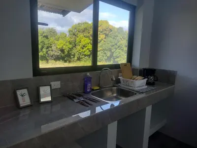a kitchen counter with a sink and a window at Marea Place in Carrillo