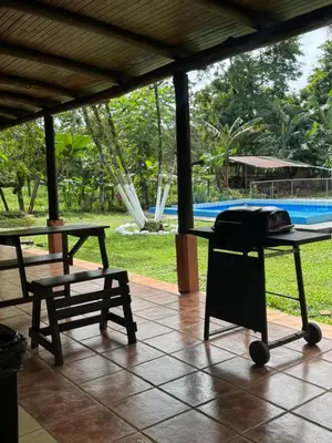 a cat sleeping on a table next to a pool at Cabaña Brisa Del Río in Cooper