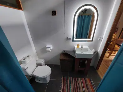 a bathroom with a toilet and a sink and a mirror at Jungle Studio in Drake Bay in Drake