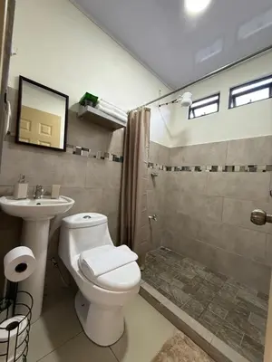 a bathroom with a toilet and a sink and a shower at Nature and Views - 30 min to La Fortuna in Tigra