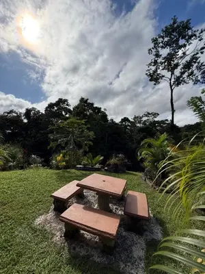 a picnic table and two benches in a field at Nature and Views - 30 min to La Fortuna in Tigra