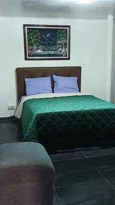 a bed with a green comforter in a room at Cerca estadio Nacional in San José