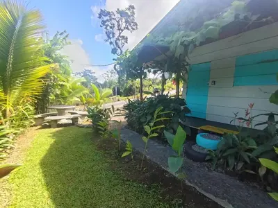 a house with a bench next to a yard at Arenal Rainforest # La cabaña in Palma