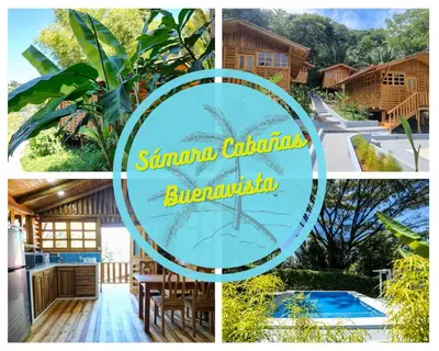 a collage of photos with a house and a pool at Cabañas Samara Buenavista in Sámara