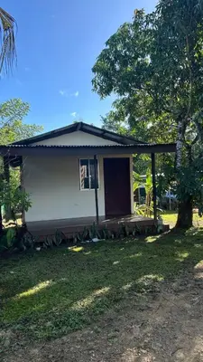 a small house with a porch and a tree at Casa lapas in San Isidro