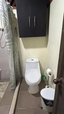 a bathroom with a white toilet and a cabinet at Casa lapas in San Isidro