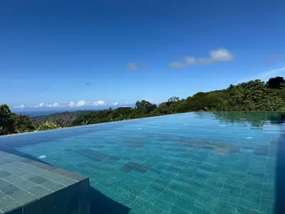 a swimming pool with blue water and trees in the background at Steady As We Go in Nosara
