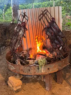 a fire in a pot with meat in it at Steady As We Go in Nosara