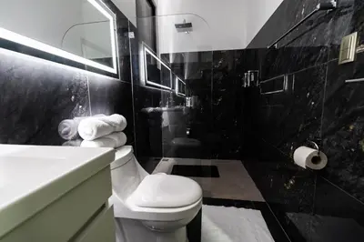 a black and white bathroom with a toilet and a sink at La Danta Lodge - Rio Celeste in Bijagua