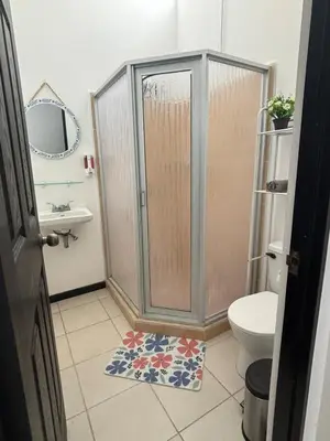a bathroom with a shower and a toilet at Casa Brisamar - House with Private Pool in Herradura