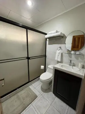 a bathroom with a toilet and a sink and a mirror at Casa Luz Volcano View La Fortuna in Fortuna