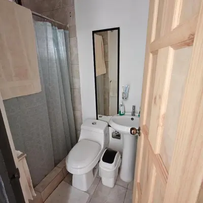 a bathroom with a toilet and a sink and a shower at Apartamentos Las Orquideas in San Pedro
