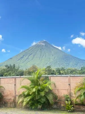 a mountain behind a fence with palm trees in front of it at Villas Volcan Arenal in Fortuna