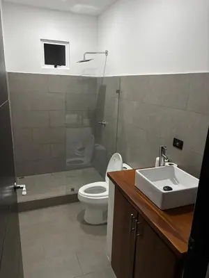 a bathroom with a toilet and a sink and a shower at Family home in Puerto Limón