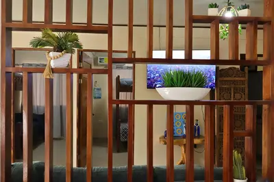 a living room with a television and a plant at Casa Aldama with private pool Near Playa Tamarindo in Santa Cruz