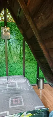 a bed in a room with a green wall at Casa Mono in Ángeles