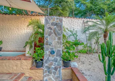 a garden with cacti and a stone wall at Walk to Beach - Hot Tub - Pool - Comfort & Space in Coco