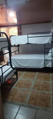 a bedroom with a bunk bed and a window at Cabaña Las Palmeras, Pura Vida in Linda Vista
