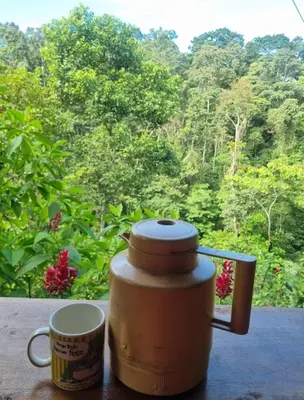 a coffee pot and two cups sitting on a table at Cabaña Las Palmeras, Pura Vida in Linda Vista