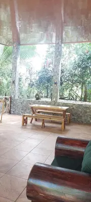 a room with two benches and a table and trees at Cabaña Las Palmeras, Pura Vida in Linda Vista