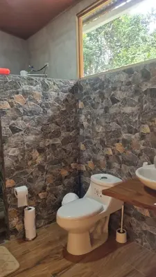 a bathroom with a toilet and a stone wall at Cabaña las Palmeras Pura Vida!! in Linda Vista