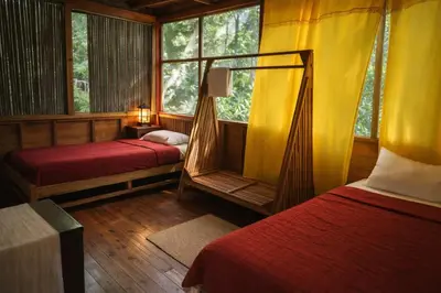 a bedroom with two beds and a window with trees at Jungle Overnight
