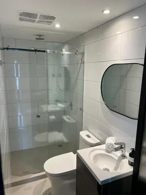a bathroom with a shower and a toilet and a sink at Horizonte Al Este in Granadilla